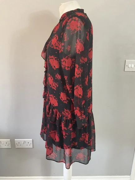 Zara black red floral print frill ruffle detail short dress M UK 10 12 - Picture 5 of 8